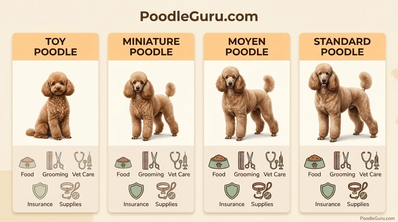 Poodle cost breakdown by size showing Toy, Miniature, Moyen and Standard Poodles with budget categories