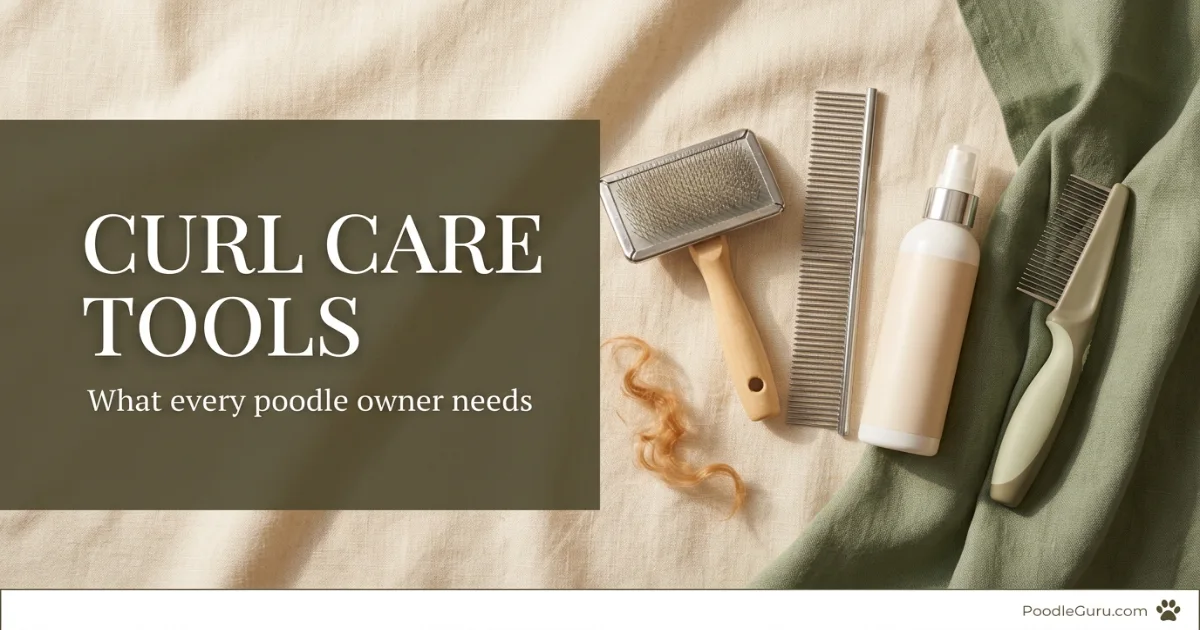 Essential grooming tools for maintaining a poodle's curly coat including slicker brush and metal comb