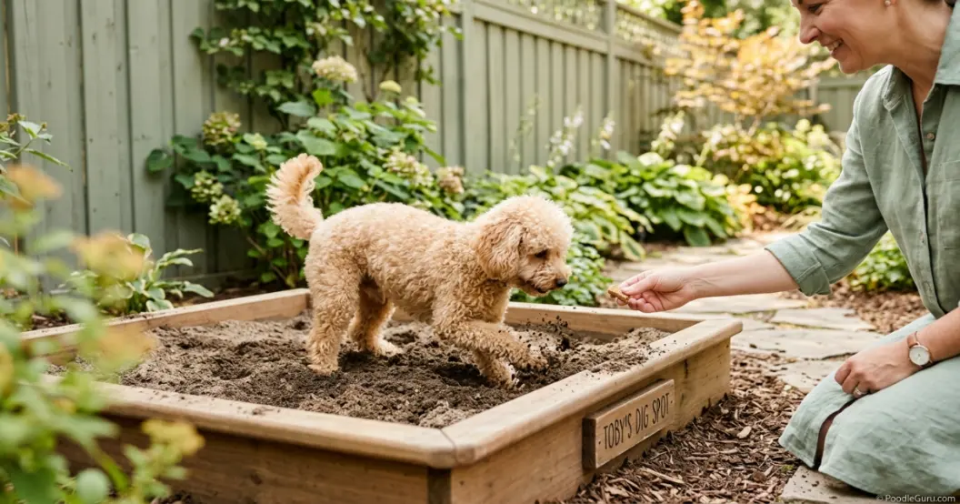 Toy poodle digging in a designated dig box with owner supervision