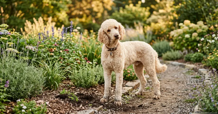 Standard poodle with slightly soiled paws standing near a disturbed garden bed