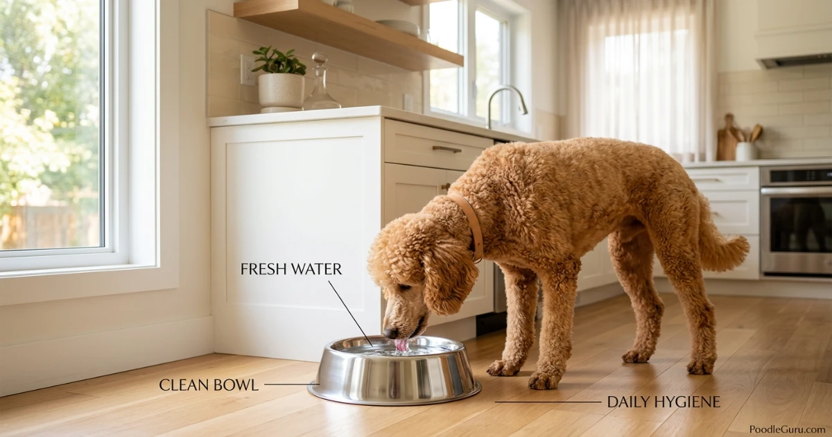 Poodle drinking filtered water from a clean stainless steel bowl to support tear stain prevention