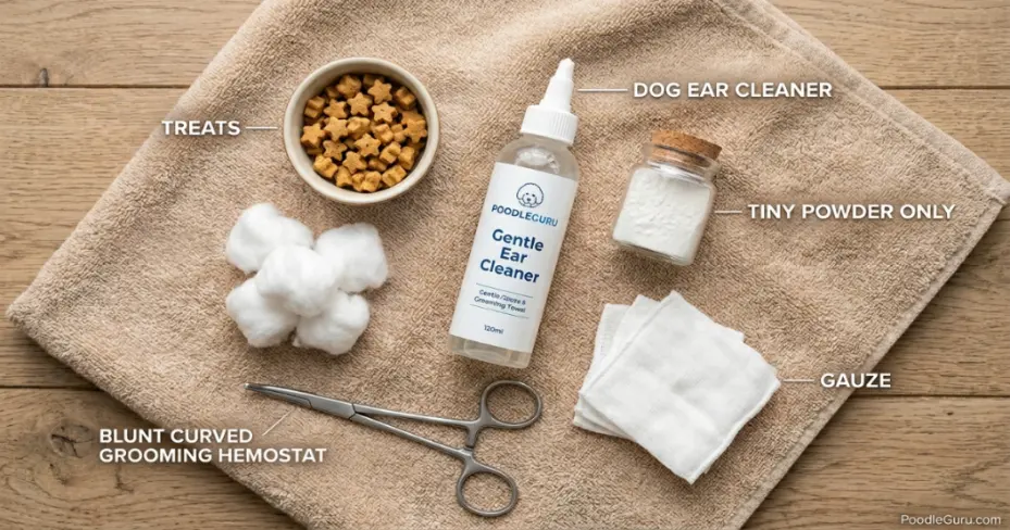 Poodle ear hair removal safe tools including cotton gauze, dog ear cleaner, ear powder, and blunt grooming hemostat