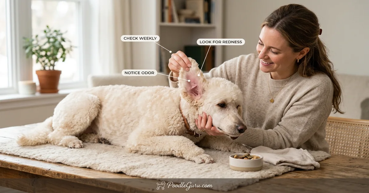 Owner gently lifting a poodle ear flap for a weekly ear health check