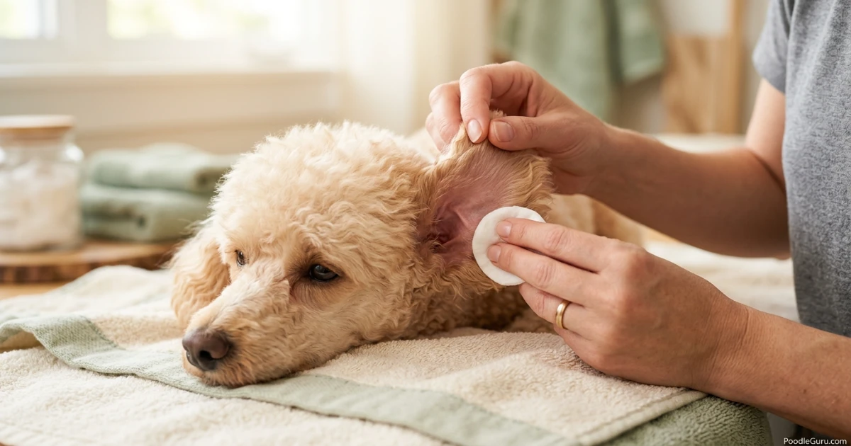 Cleaning a Poodle's ear to remove odor-causing debris and wax