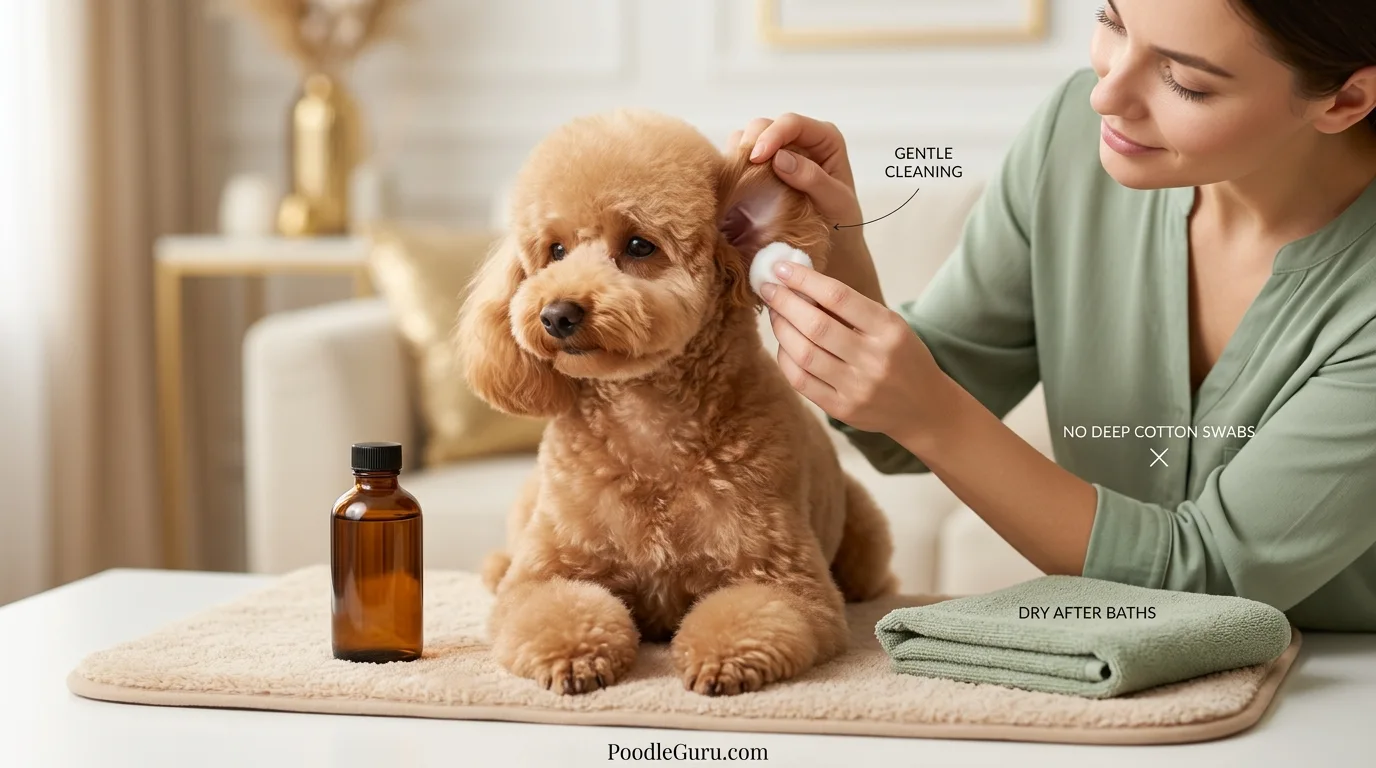 Owner cleaning a miniature poodle's ear as part of a prevention routine