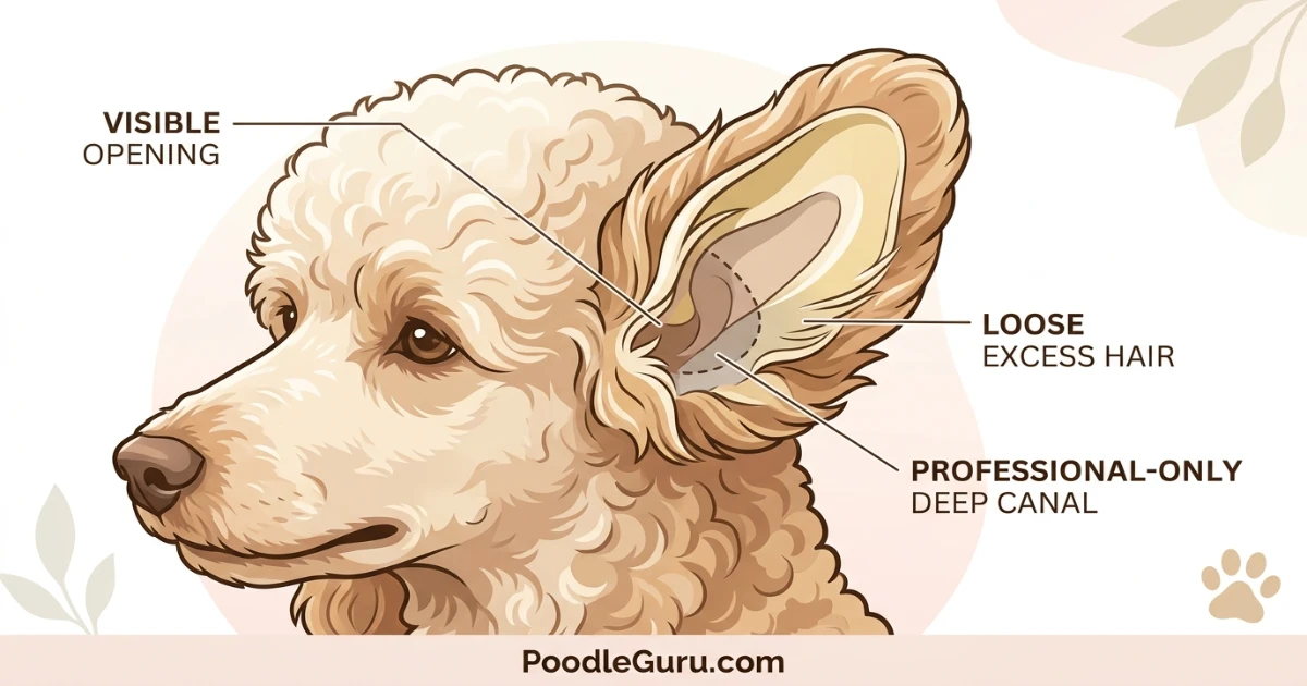 Educational diagram showing visible poodle ear hair growth zones for safer poodle ear hair removal