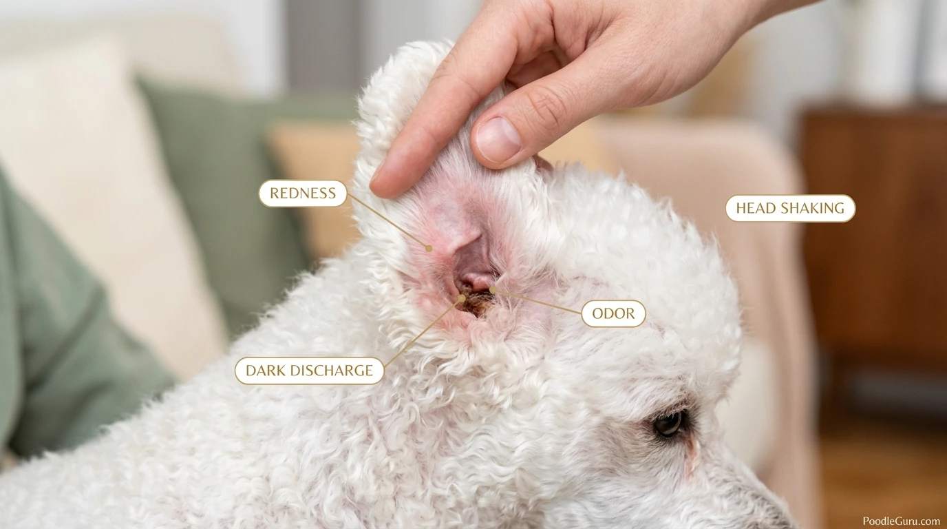 Signs of a poodle ear infection including redness and discharge