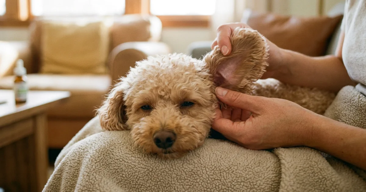 Close-up of hands correctly massaging the base of a poodle's ear during cleaning