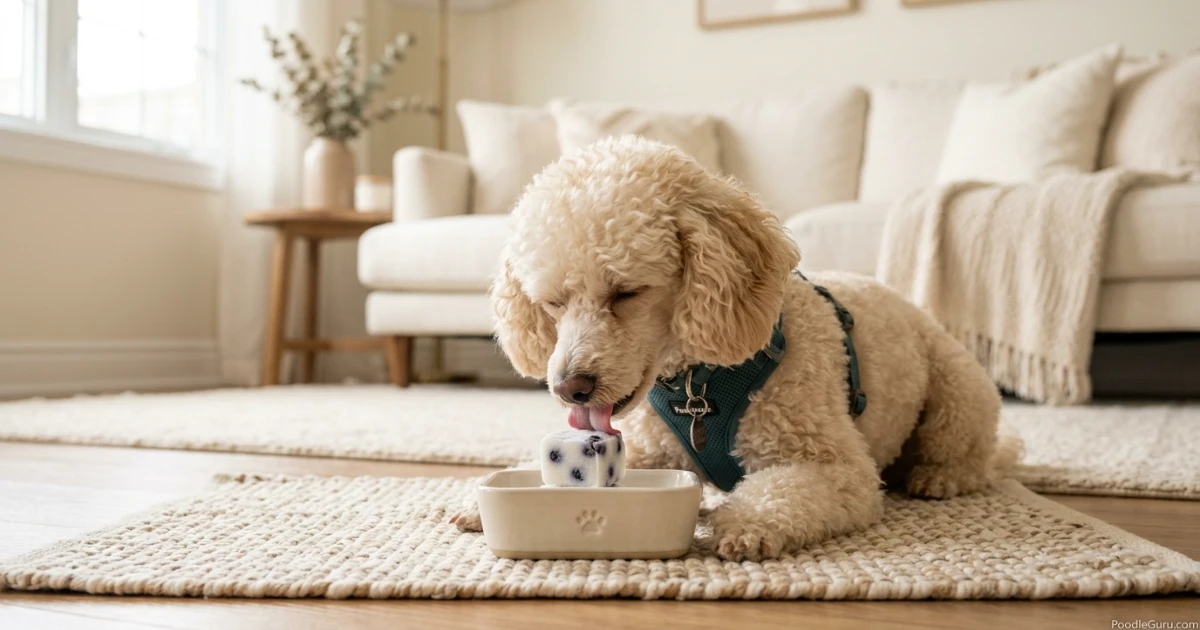 A miniature poodle licking a homemade frozen yogurt and blueberry cube