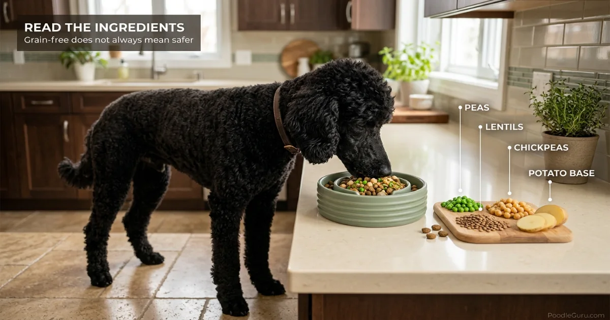 Standard poodle eating grain-free kibble from a slow feeder bowl