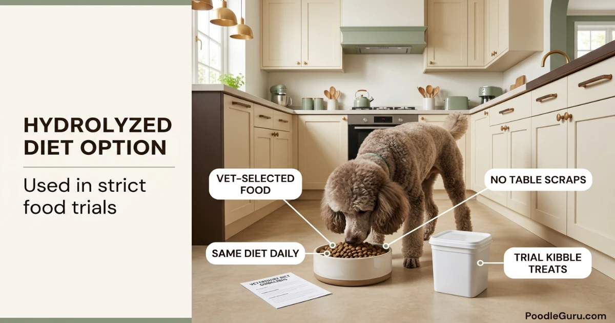 Poodle eating hydrolyzed diet from a bowl for allergy management