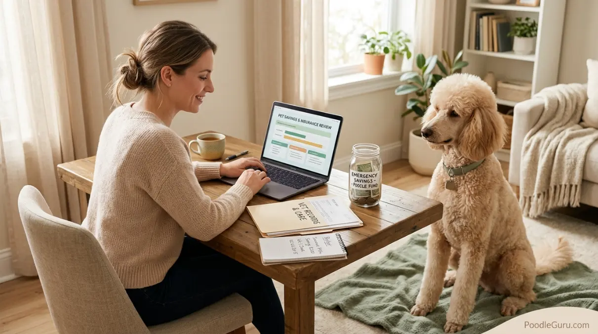 Poodle emergency vet budget planning with pet insurance and emergency savings concept
