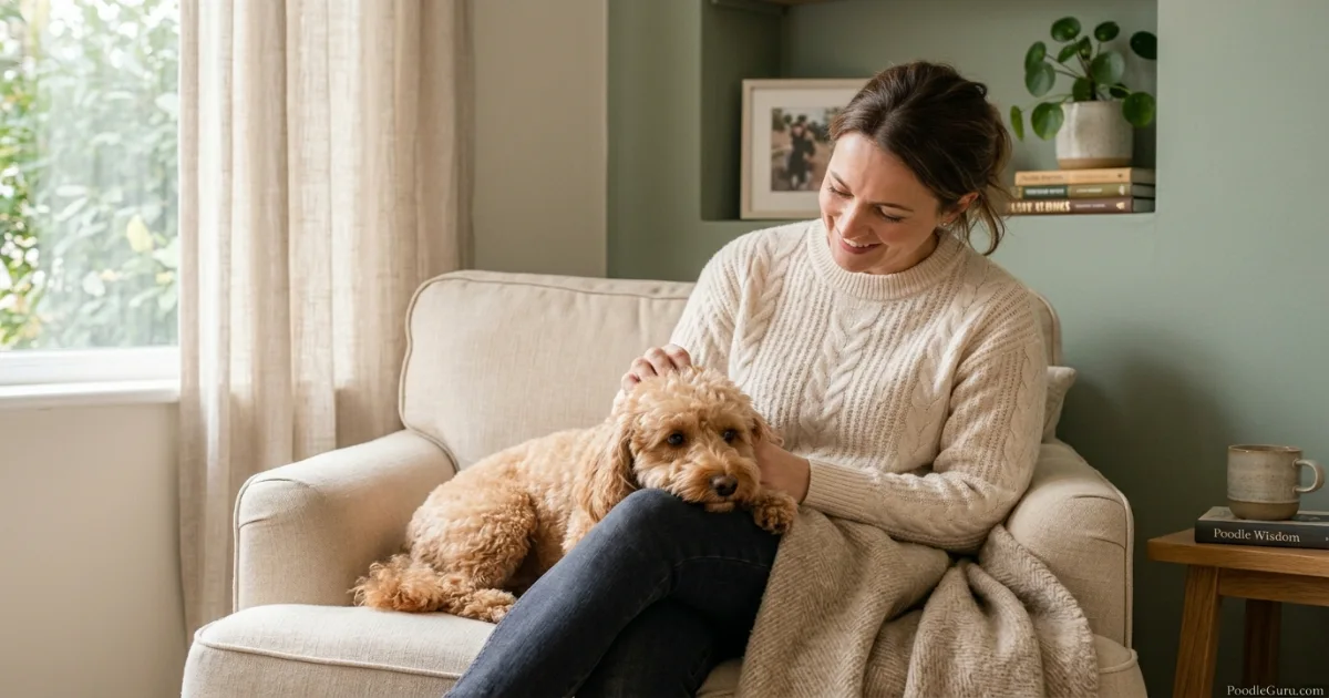 Miniature Poodle providing quiet emotional support by resting chin on owner's knee