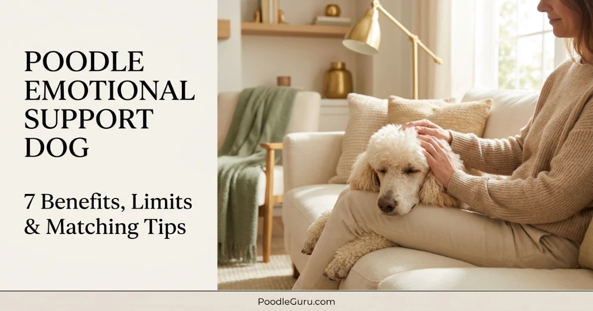 Cream Standard Poodle providing emotional support by resting head on owner's lap in sunlit room