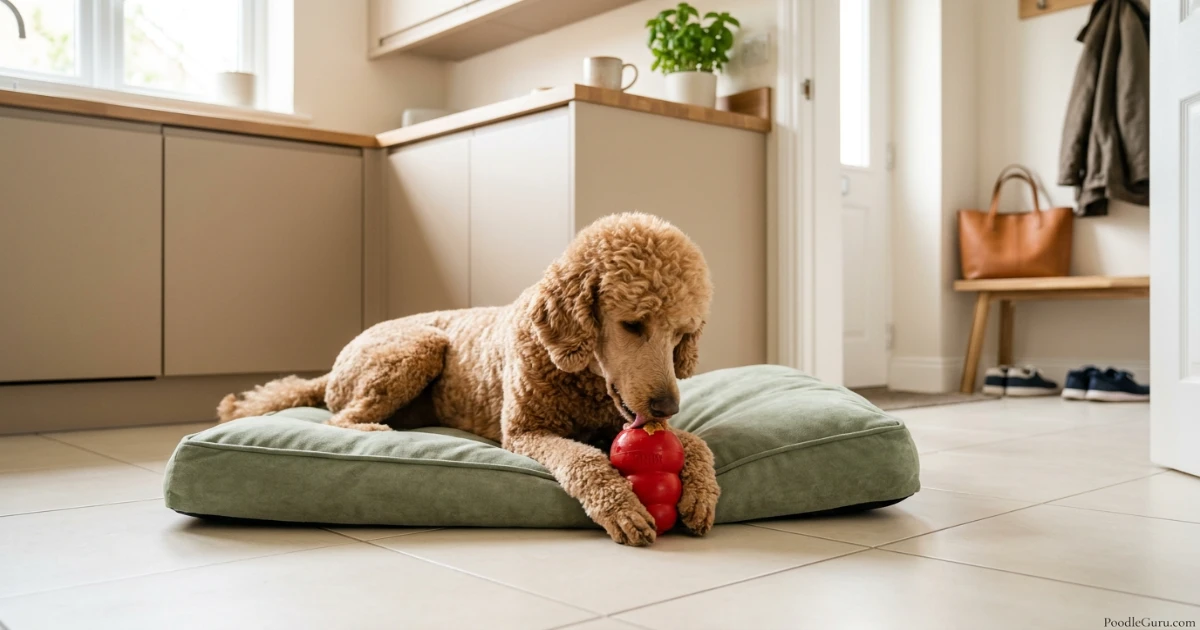 Comparison of a relaxed poodle sleeping alone versus an anxious poodle staring at the door