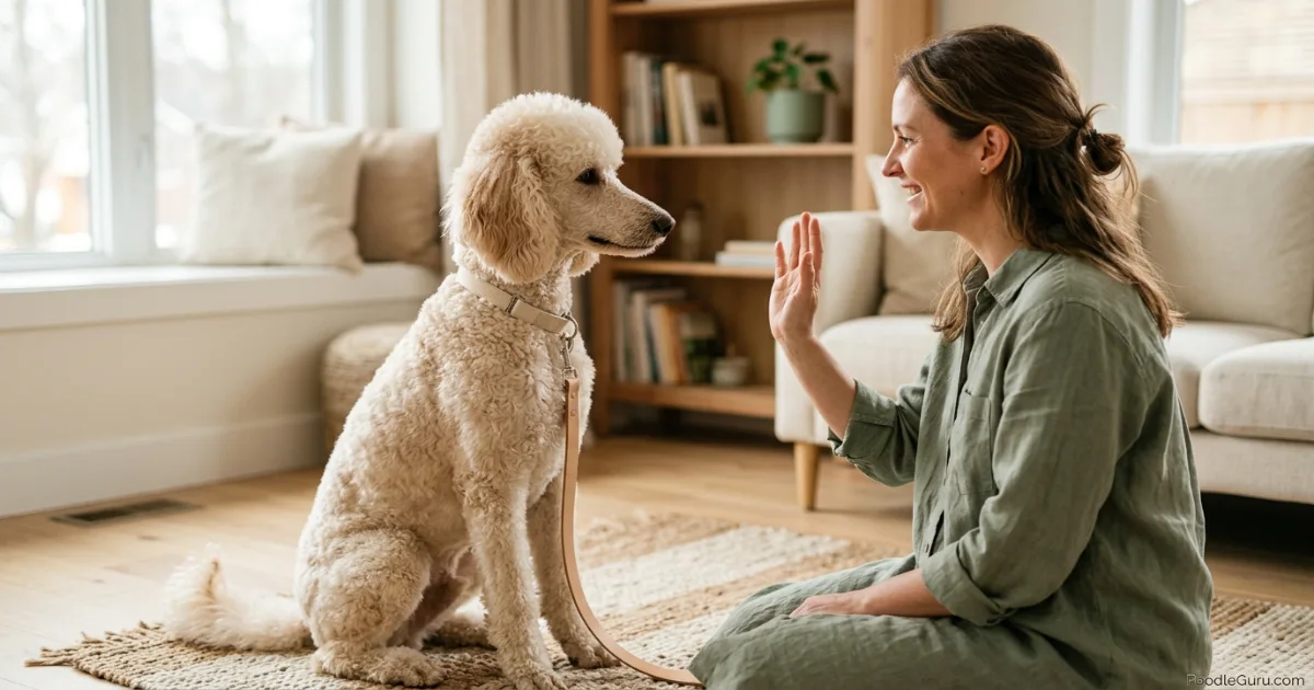 Standard Poodle making attentive eye contact with handler during calm indoor training session