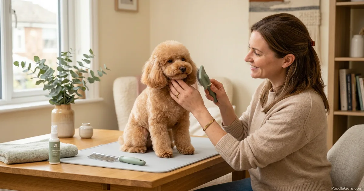 Owner gently brushing a Miniature Poodle during a calming grooming session at home