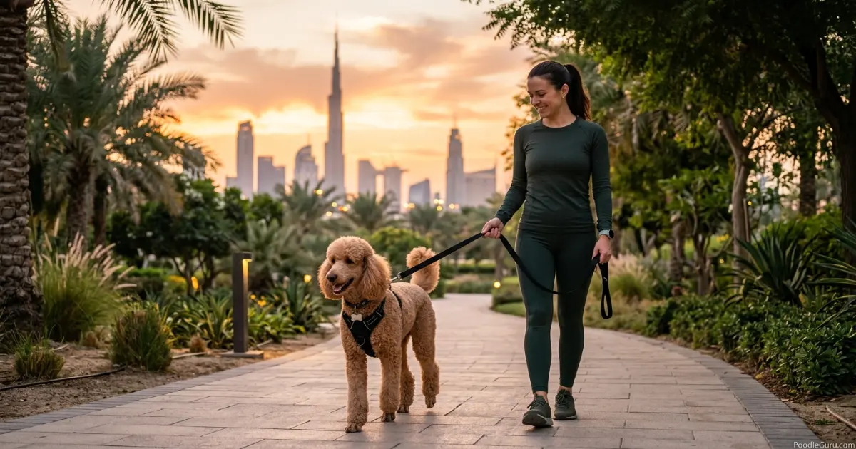 Poodle walking safely during a cooler summer evening in a Dubai park