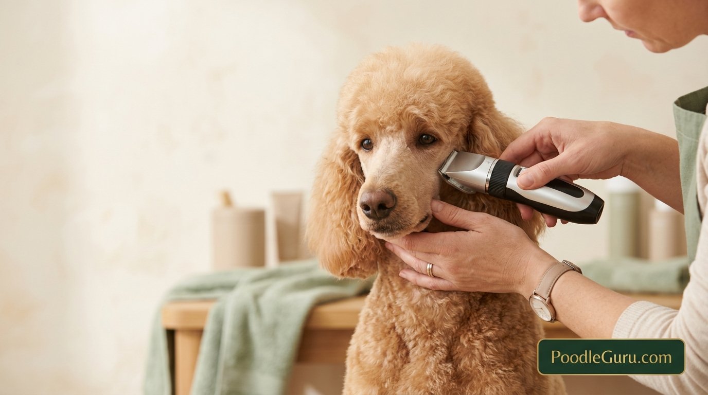 Poodle face trim flat blade technique on cheek