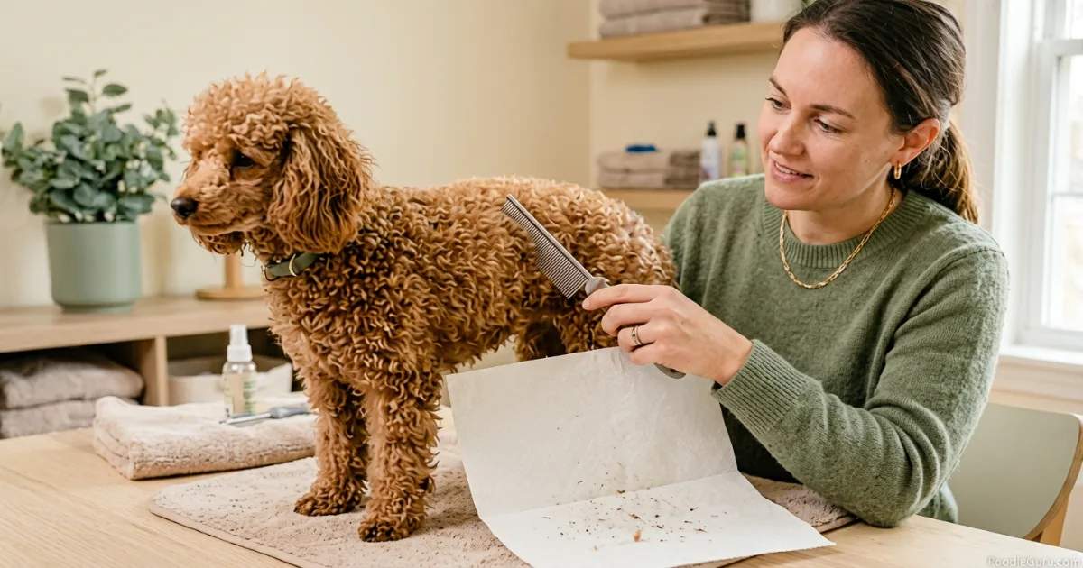 Owner using flea comb to check a poodle scratching a lot for fleas and flea dirt