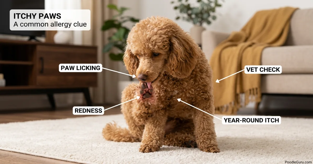 Poodle chewing paws as a possible food allergy symptom