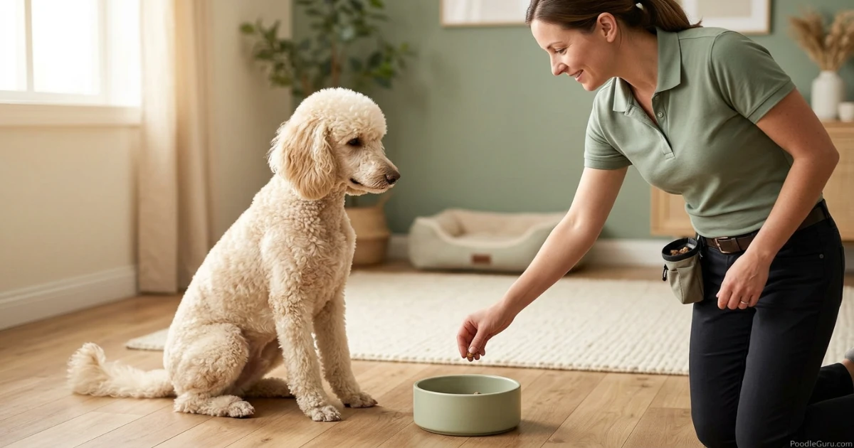 Trainer adding treat to poodle's food bowl during desensitization exercise