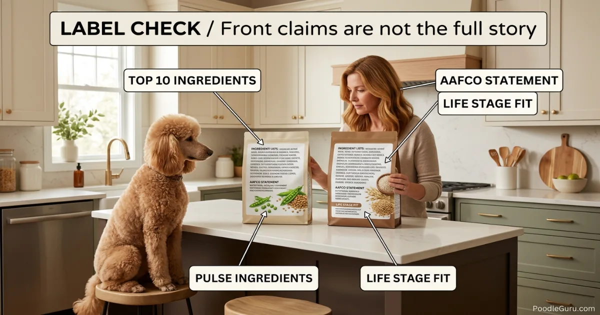 Hand comparing dog food ingredient labels for grain-free and grain-inclusive poodle diets