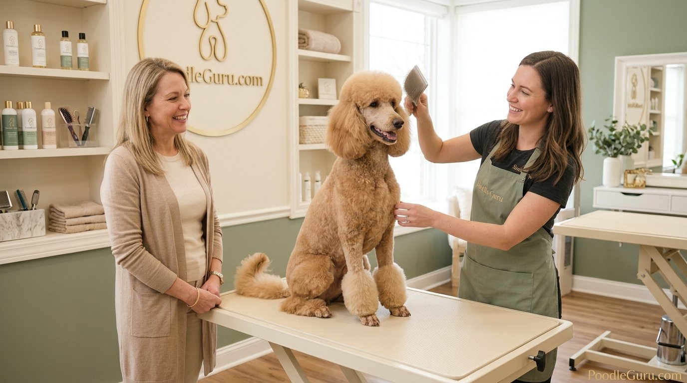 Poodle on a grooming table getting its German clip maintained by a professional groomer