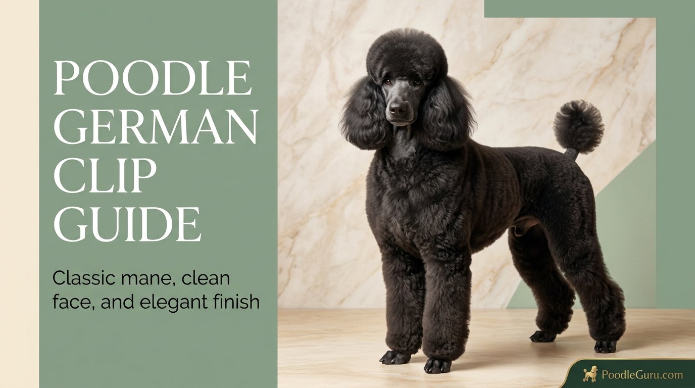 Black Standard Poodle in a classic German clip showing short body, elegant mane, and clean face