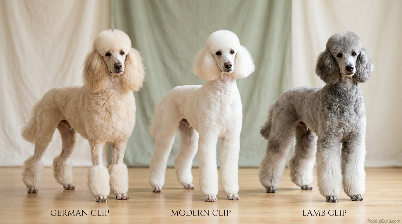 Three poodles in German, Modern, and Lamb clips showing the mane and leg differences
