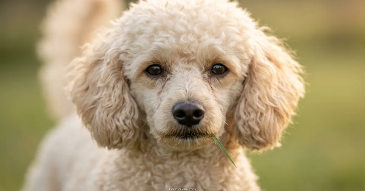 Close-up of a Miniature Poodle with grass near its mouth in golden light