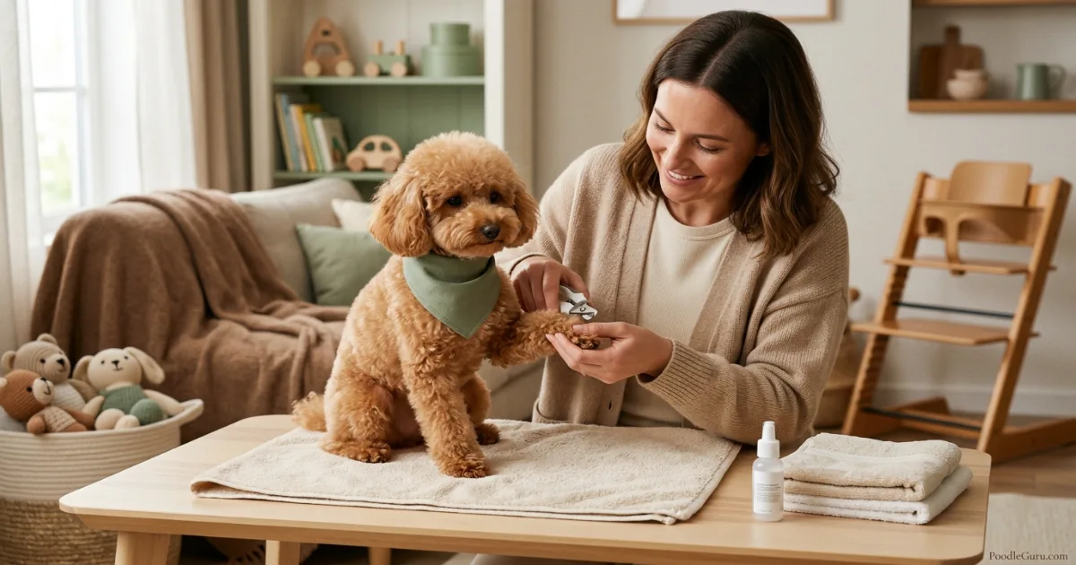 Groomer trimming toy poodle nails with clippers, emphasizing hygiene for homes with babies