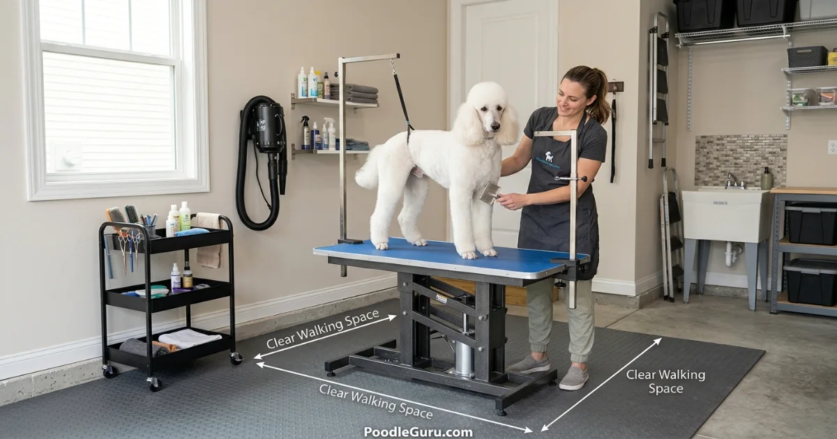 Poodle being rewarded calmly on grooming table during positive training