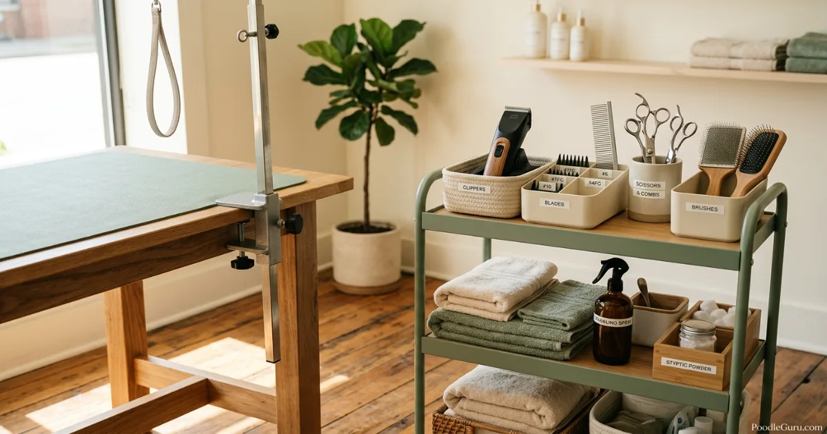 Organized poodle grooming tool cart beside grooming table