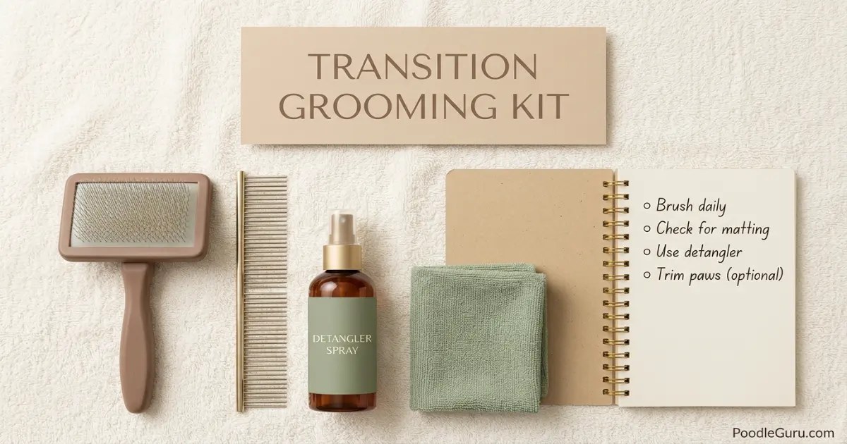 Poodle coat transition grooming tools including slicker brush and metal comb
