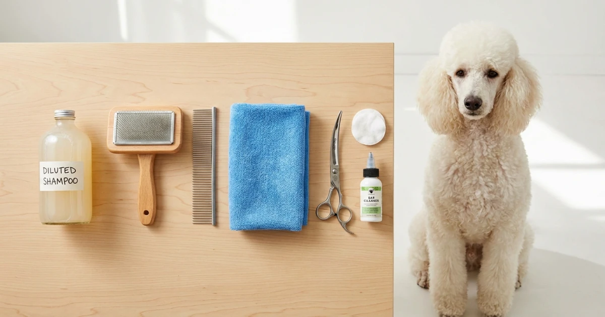Poodle grooming tools including shampoo dilution bottle, slicker brush, and high-velocity dryer