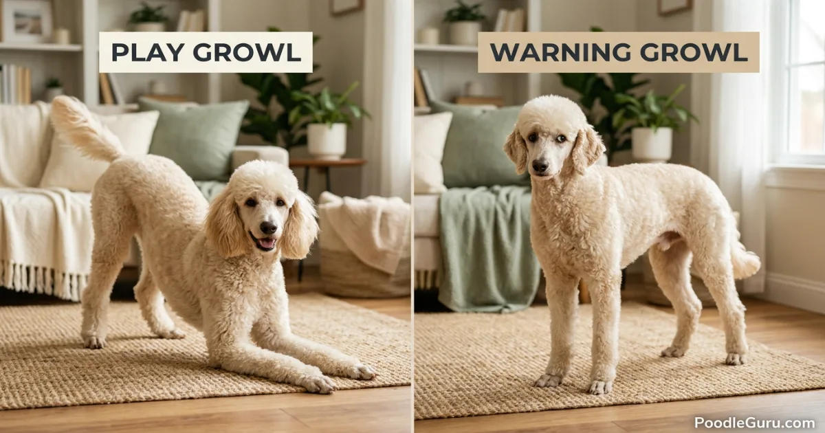 Side-by-side comparison of a playful poodle bowing versus a tense poodle showing stress signals