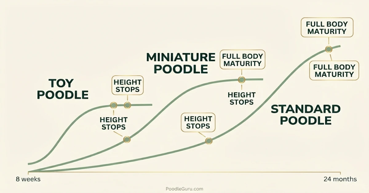Growth timeline chart comparing Toy, Miniature, and Standard Poodle height development from puppy to adult
