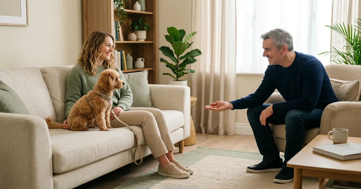Miniature Poodle being introduced to a seated guest with a treat in a calm home