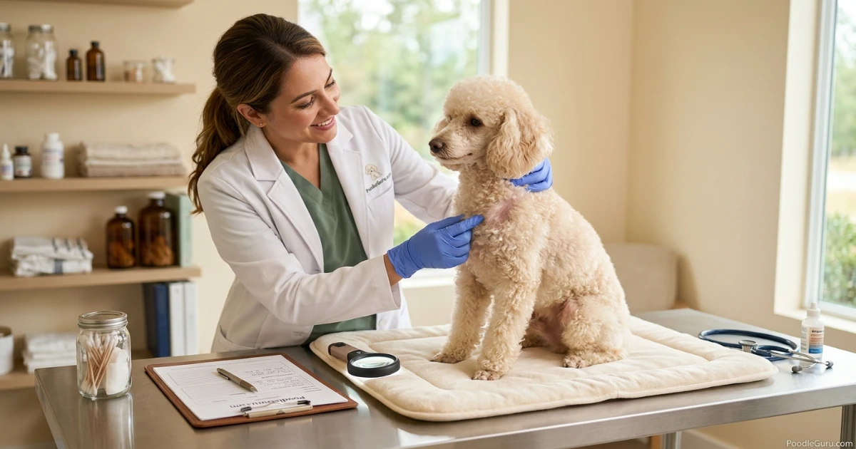 Veterinarian checking a poodle skin and coat area for hair loss causes