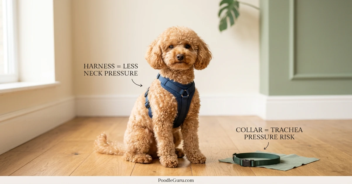 Toy poodle wearing a harness next to a flat collar, demonstrating tracheal collapse prevention