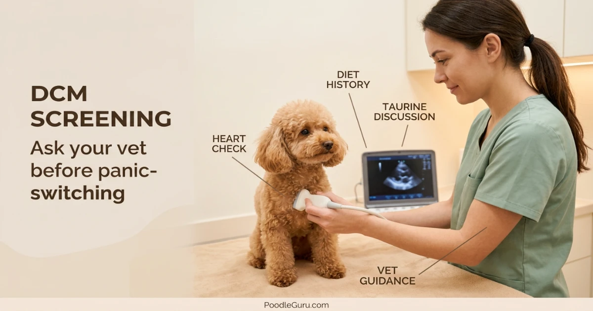 Veterinarian performing an echocardiogram on a toy poodle for heart screening