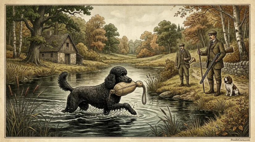 Vintage illustration of a poodle retrieving a duck from a pond, highlighting its historical function