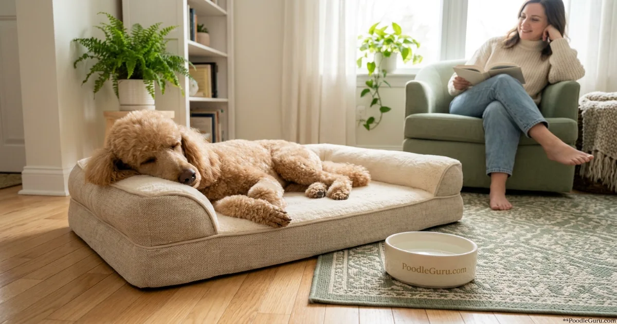 Poodle resting on non slip floor after mild limping