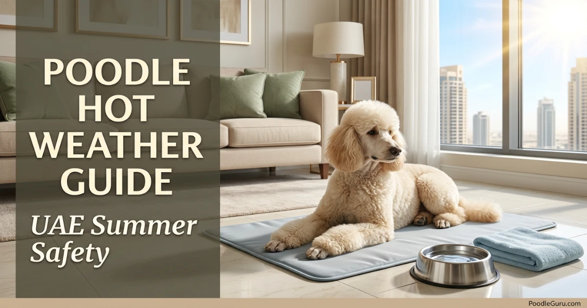 Poodle in hot weather resting indoors beside cooling gear during UAE summer
