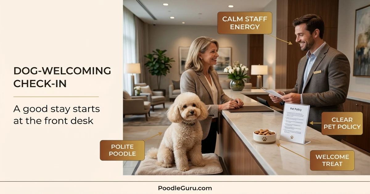 Owner wiping a Standard Poodle's paws with a grooming wipe after a hotel walk