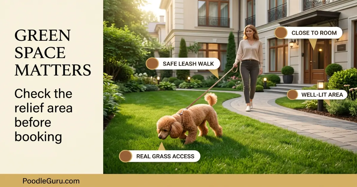 Miniature Poodle exploring a grassy hotel courtyard relief area on a leash