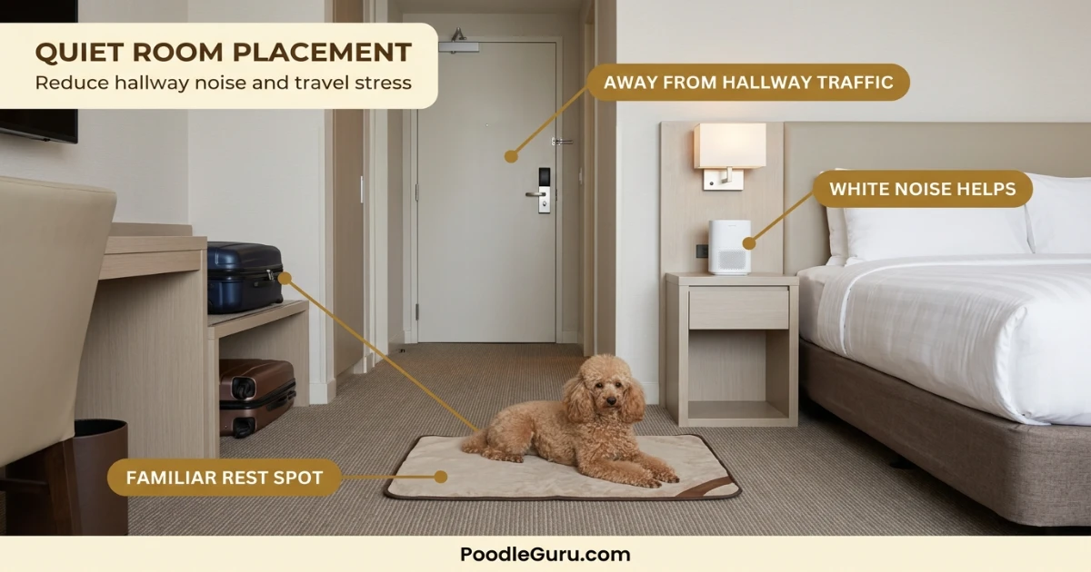 Poodle owner checking into a hotel with a calm Toy Poodle at the front desk receiving a dog welcome treat