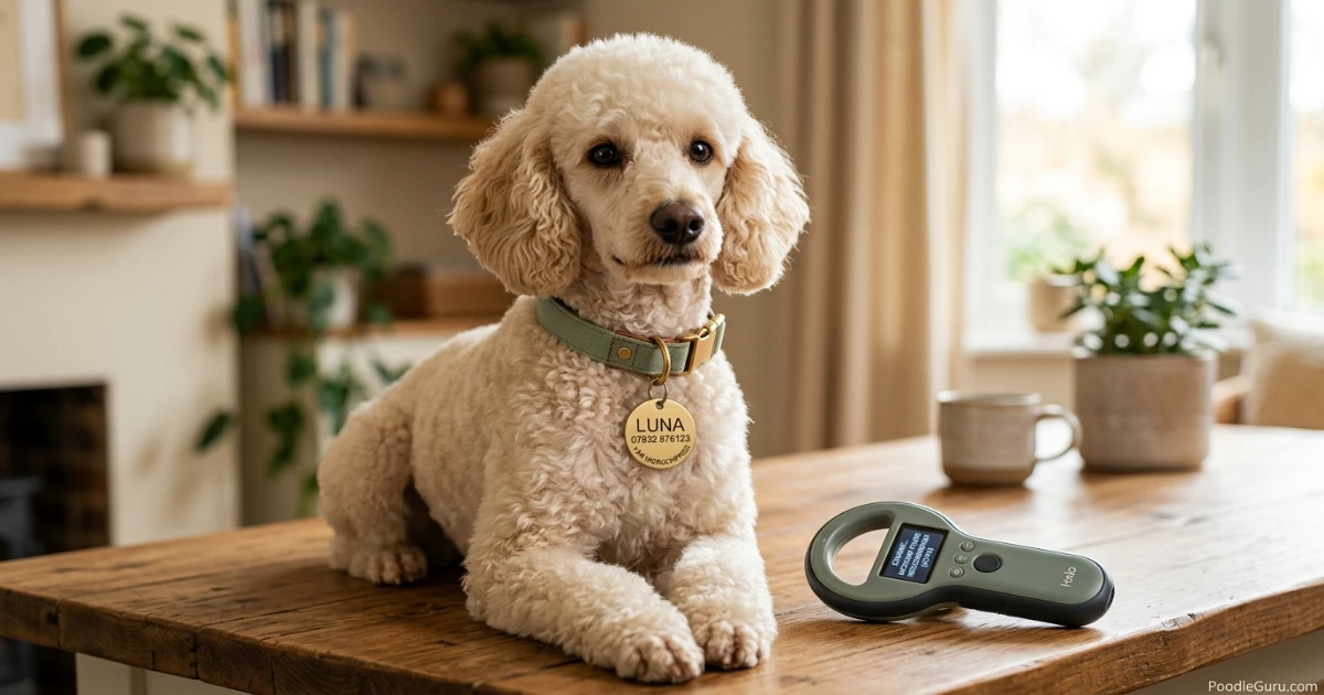 Close-up of a Poodle wearing an ID tag with a microchip scanner nearby