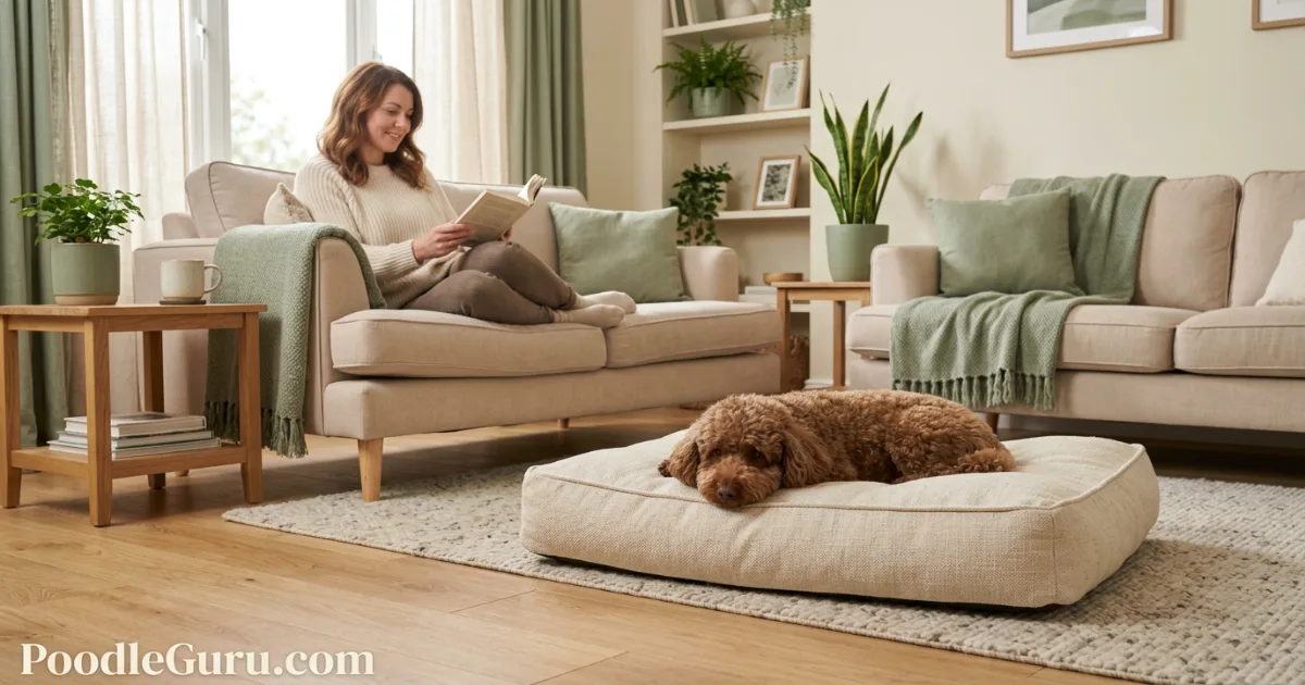 Miniature Poodle calmly resting on dog bed across room from owner, showing independence